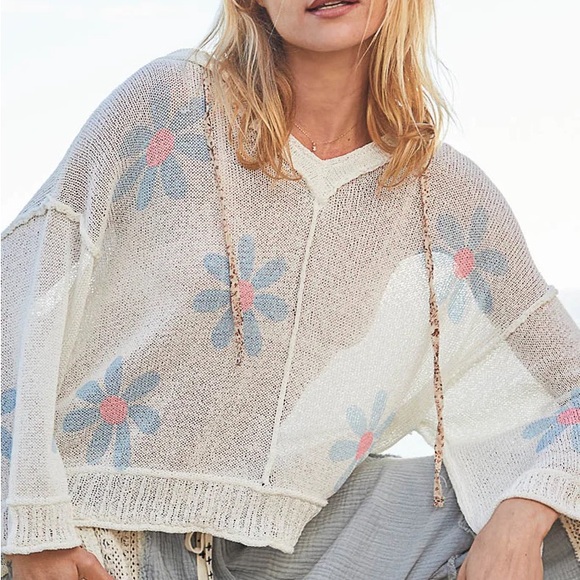 POL Women's V-Neck Knit Jacket - Cream and Blue Floral - Picture 2 of 7